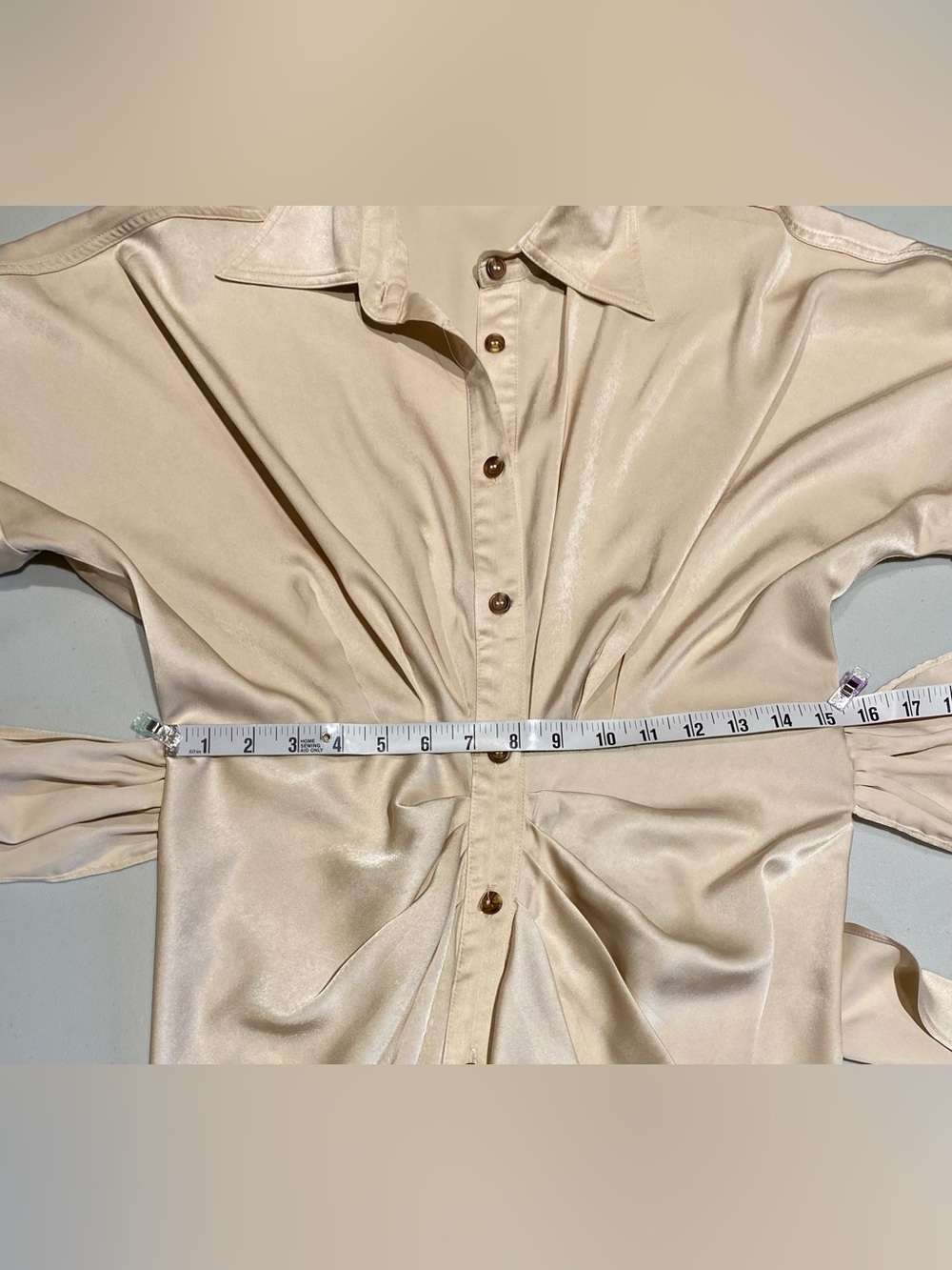 Mabel Gwen Cream Satin Tie-Front Long Sleeve Midi Shirt Dress, Size M - Picture 8 of 12